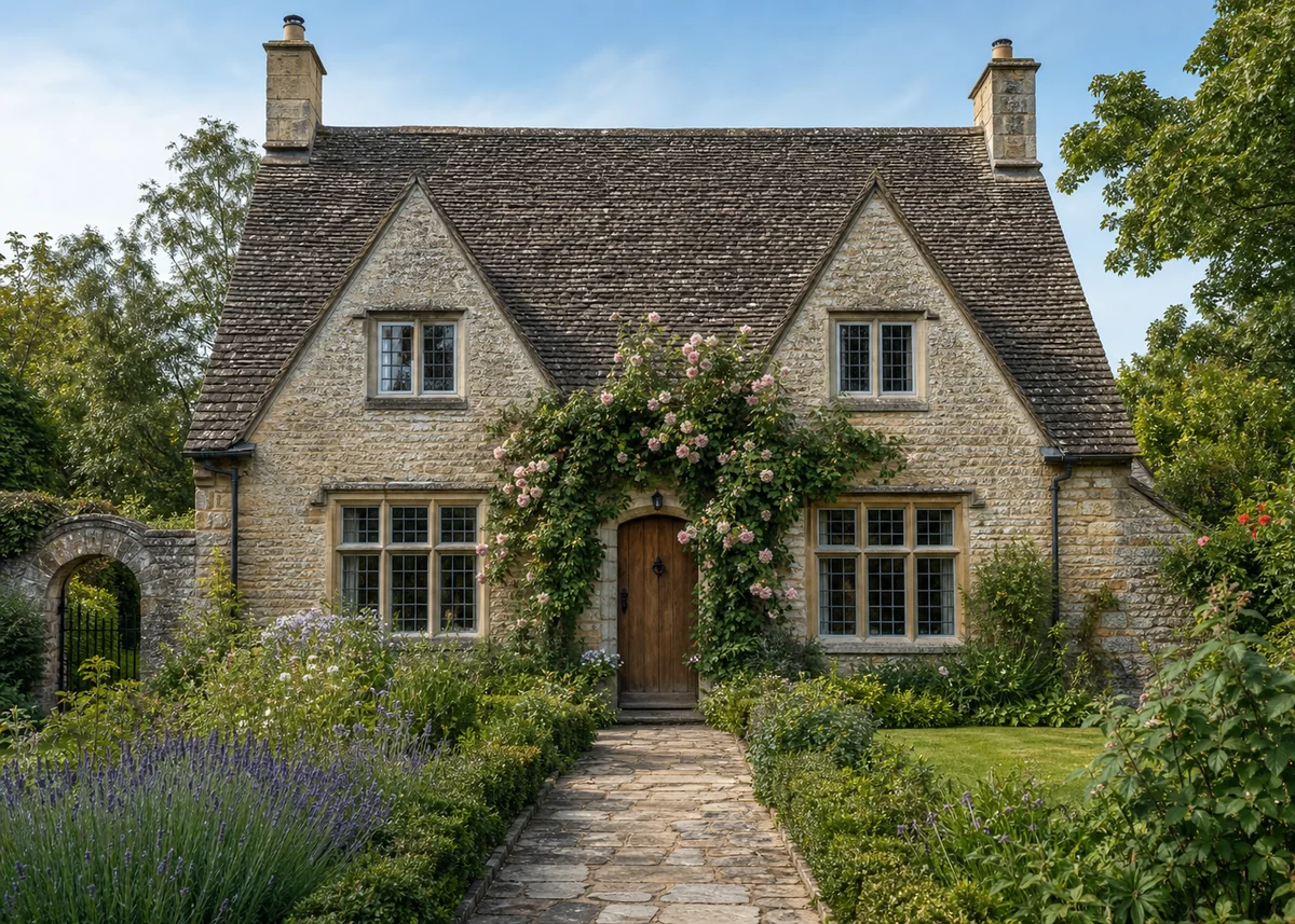 traditional house front design: English cottage front with stone walls, steep roof and climbing roses