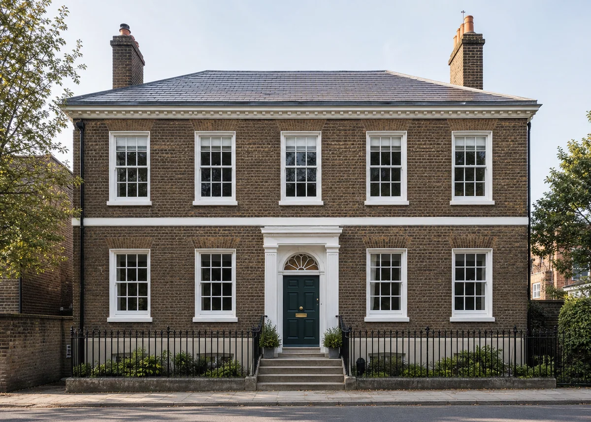 traditional house front design: Georgian house facade with symmetric sash windows and fanlight door