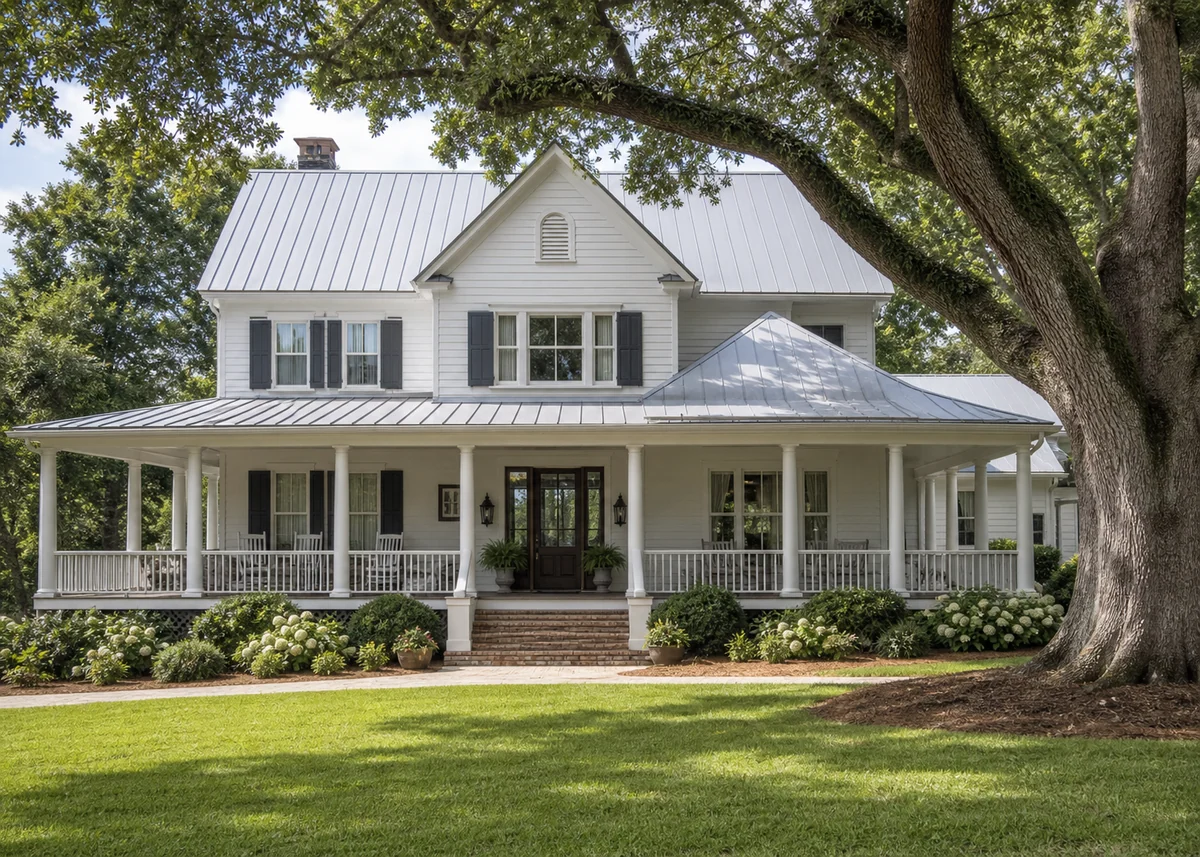 traditional house front design: Traditional farmhouse front with wraparound porch and rocking chairs