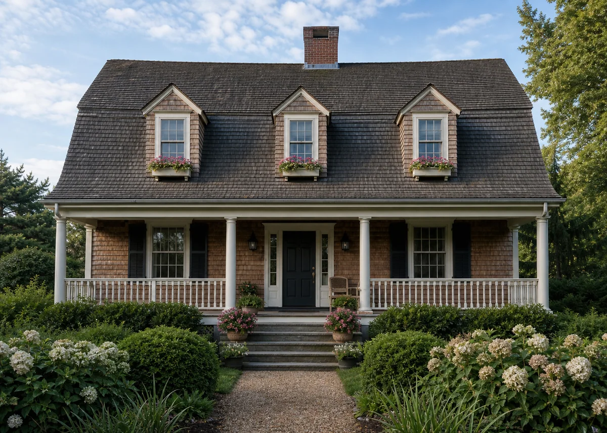 traditional house front design: Dutch colonial house front with gambrel roof and shingle siding