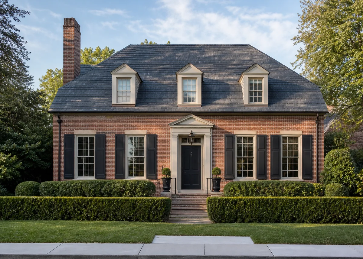 traditional house front design: Traditional brick house with hipped slate roof, chimney and dormers