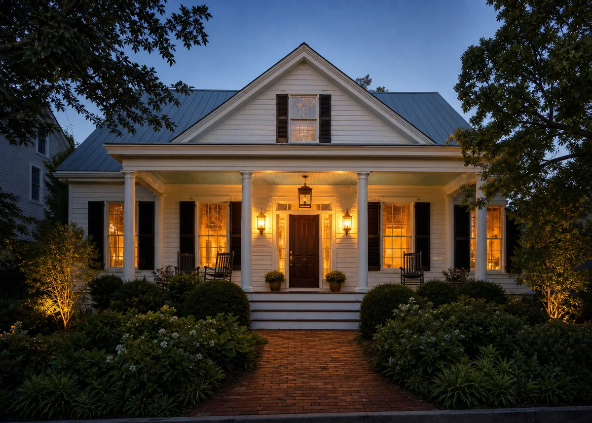 traditional house front design: Traditional house entrance at dusk with lanterns and pale blue porch ceiling