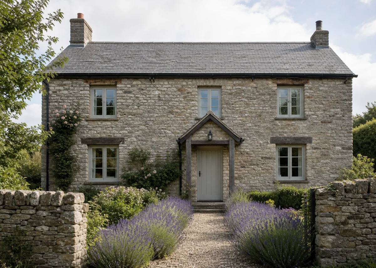 traditional house front design: Traditional stone country house front with slate roof and lavender garden