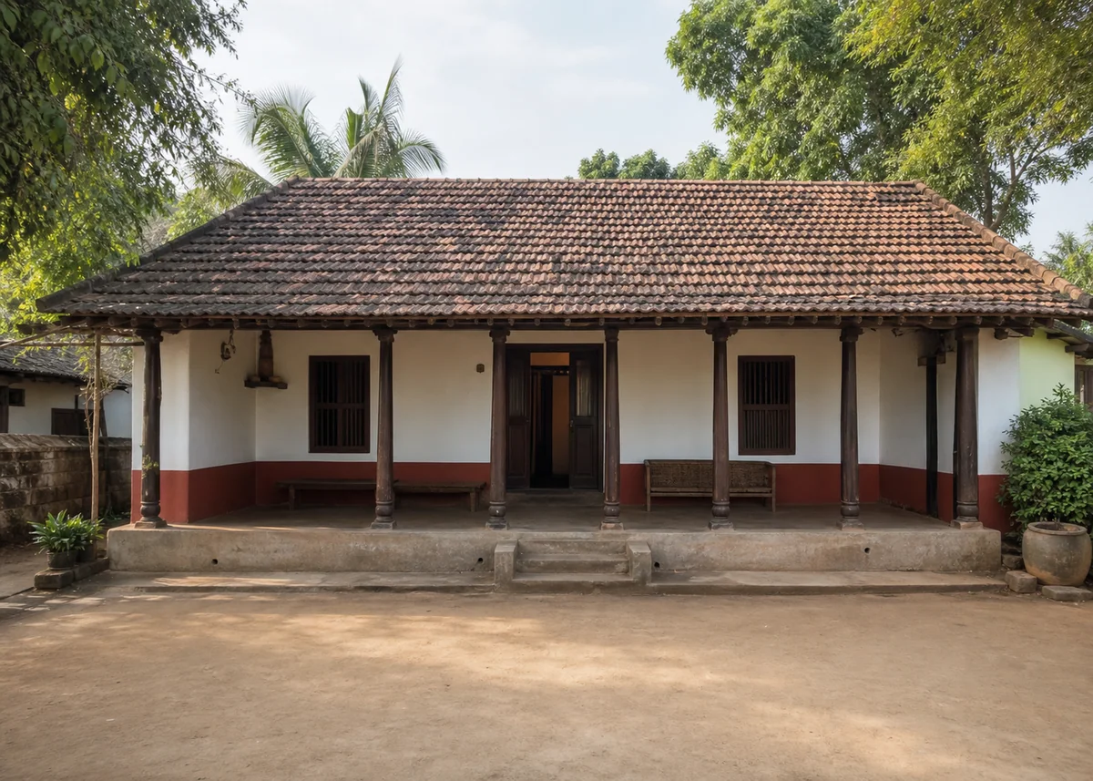 village house front design: Traditional village house front with tiled roof, verandah and oxide skirt band