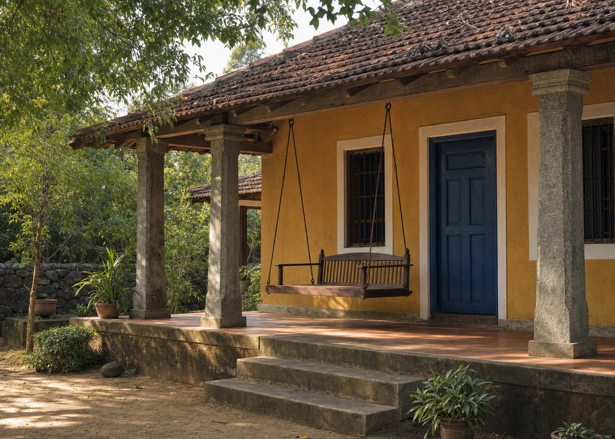 village house front design: Village house verandah with swing, stone pillars and indigo door
