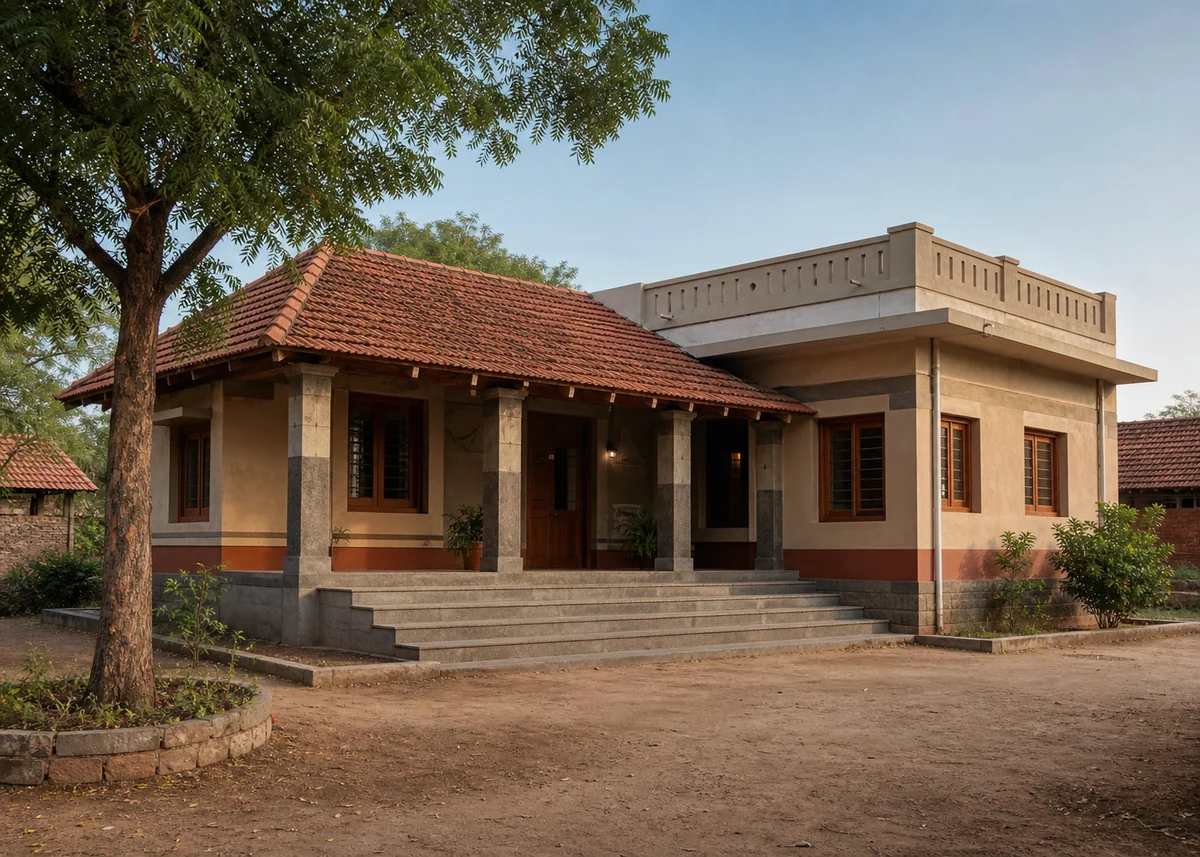 village house front design: Modern village house with hybrid sloped and terrace roof and front court tree