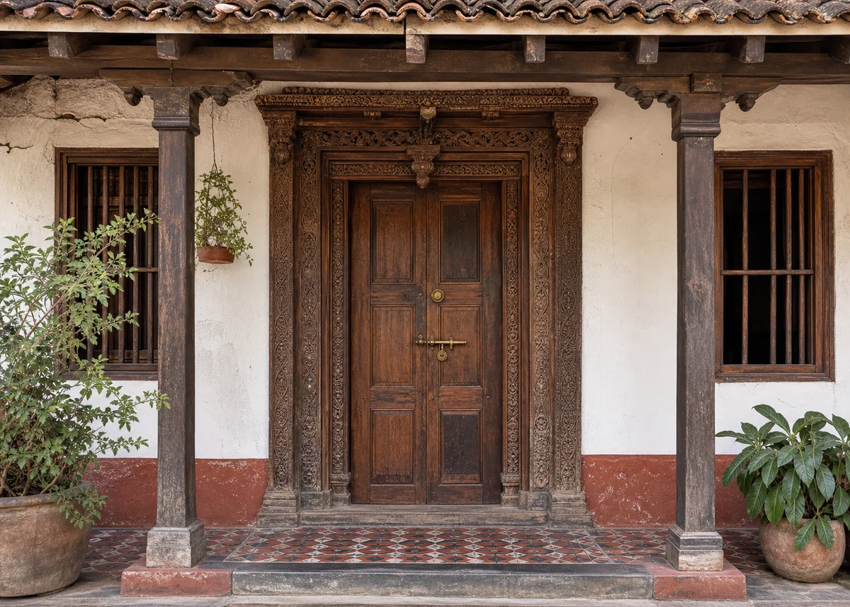 village house front design: Village house entrance with carved timber frame and patterned threshold