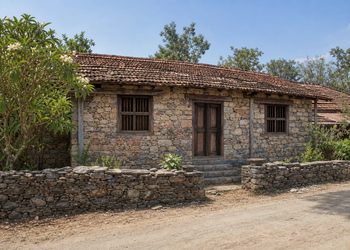 village house front design: Stone village house with rubble walls, timber lintels and low boundary wall
