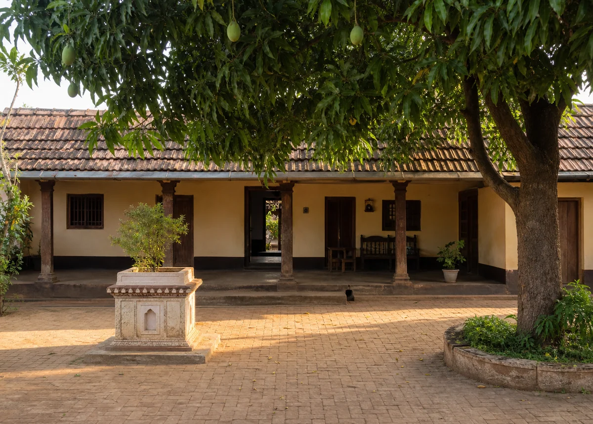 village house front design: Village farmhouse courtyard with mango tree, tulsi platform and verandah