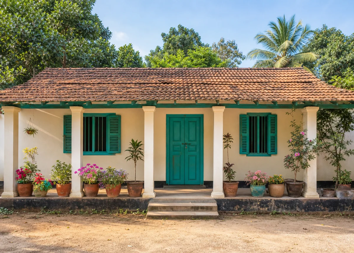 village house front design: Village house front with teal shutters, cream walls and verandah pots