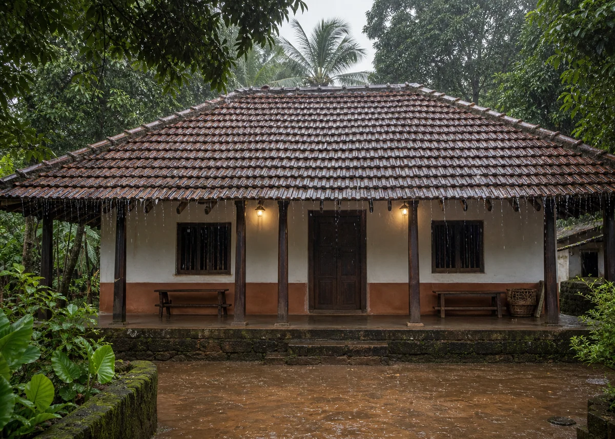 village house front design: Village house in monsoon rain protected by deep overhangs and raised plinth