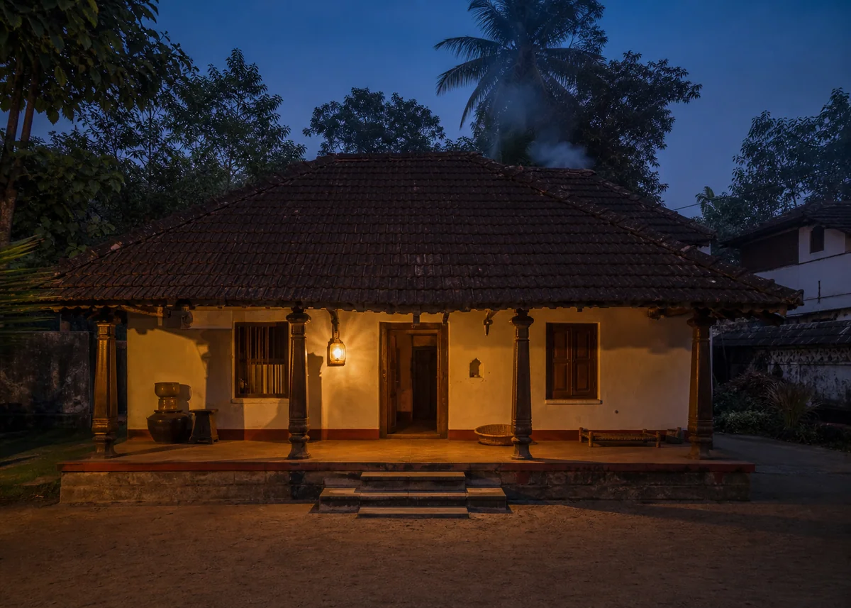 village house front design: Village house front at dusk with warm verandah lantern